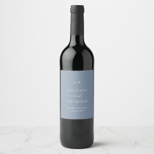 Minimal Dusty Blue Wedding Wine Label  ワインラベル (正面)