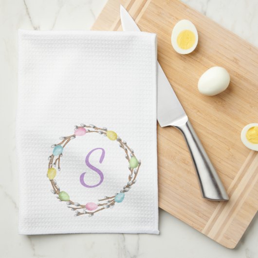 Minimal Easter Wreath Monogram And Easter Eggs キッチンタオル (四つ折り)