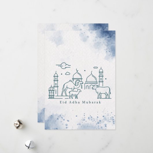 Minimal Eid al Adha Mosque and Animals Line Art  シーズンカード (正面/裏面インサイチュ)