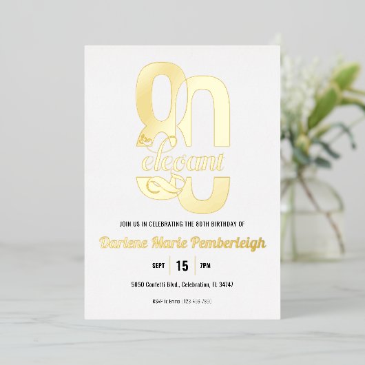 Minimal Eighty & Elegant 80th Birthday Gold 箔招待状 (立ち正面)