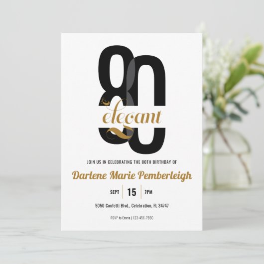 Minimal Eighty & Elegant Black Gold 80th Birthday 招待状 (スタンド正面)