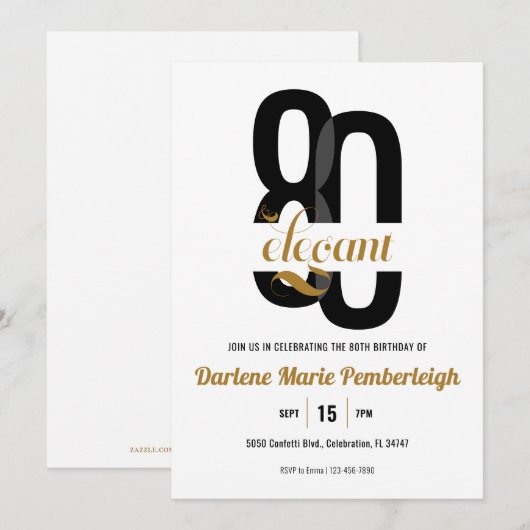 Minimal Eighty & Elegant Black Gold 80th Birthday 招待状 (正面/裏面)