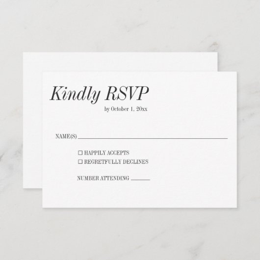 Minimal Elegant Black White Serif Classic Wedding 出欠カード (正面/裏面)