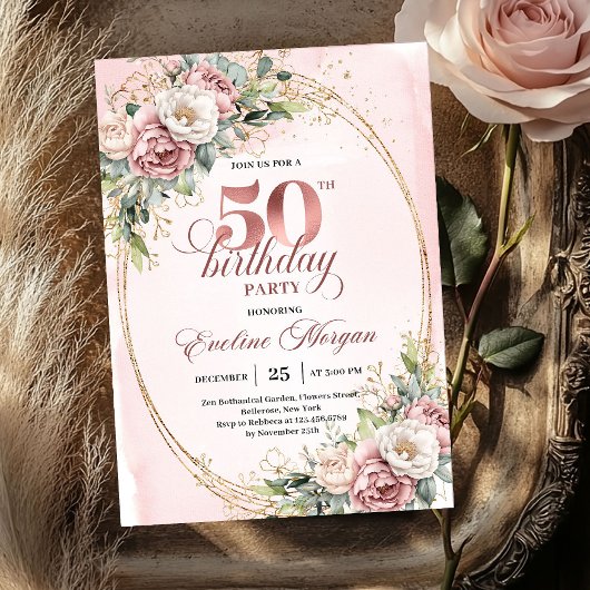 Minimal Elegant Blush 50th Birthday Invitation 招待状