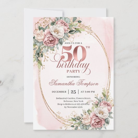 Minimal Elegant Blush 50th Birthday Invitation 招待状 (正面)