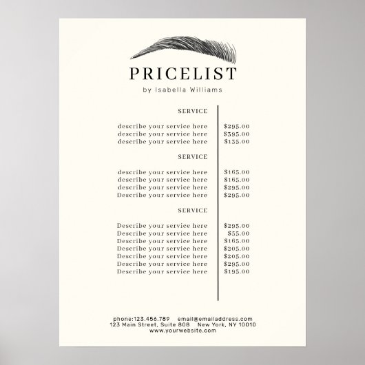 Minimal Elegant Eyebrow Salon Pricelist ポスター (正面)
