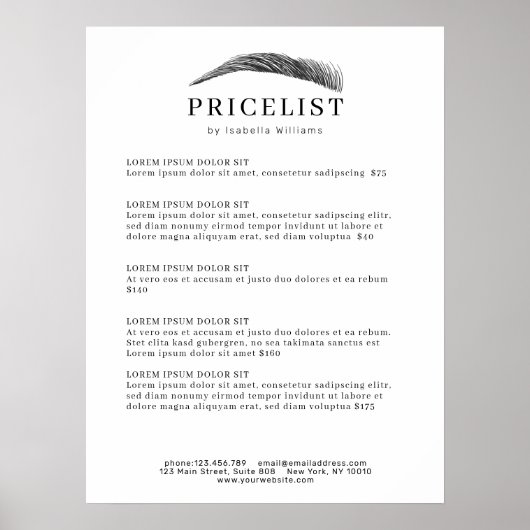 Minimal Elegant Eyebrow Salon Pricelist ポスター (正面)