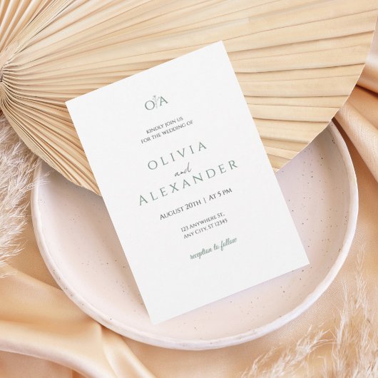 Minimal Elegant Green Monogram Wedding Invitation 招待状