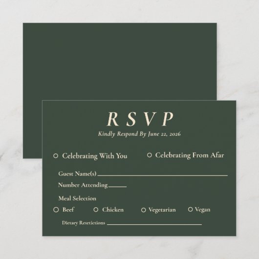 Minimal Elegant Hunter Green RSVP with Entrées (正面/裏面)