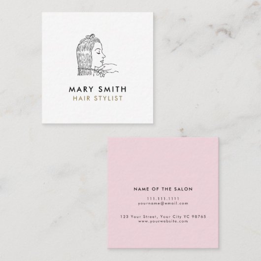 Minimal Elegant Pink White  Hair Square スクエア名刺 (正面/裏面)