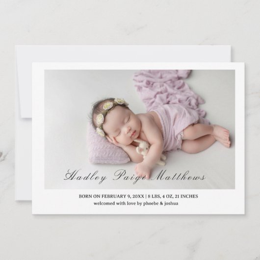 Minimal Elegant Script Baby Girl Arrival Card 案内状 (正面)