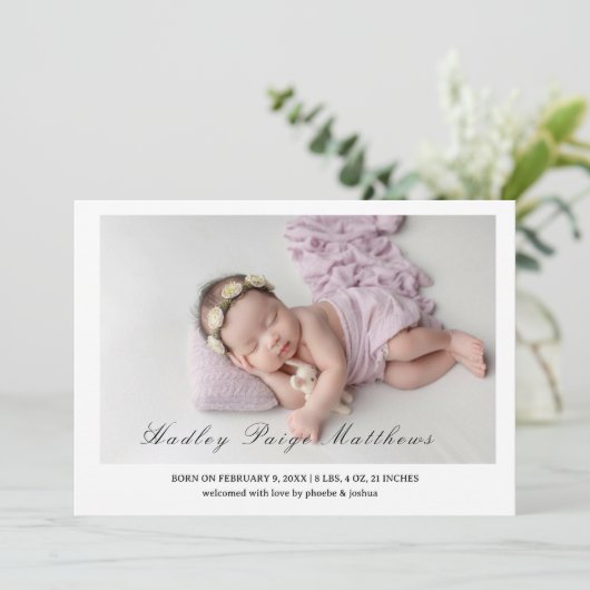 Minimal Elegant Script Baby Girl Arrival Card 案内状 (スタンド正面)