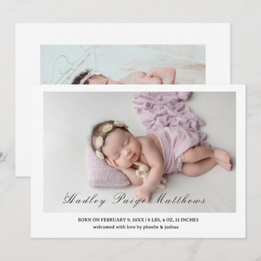 Minimal Elegant Script Baby Girl Arrival Card 案内状 (正面/裏面)