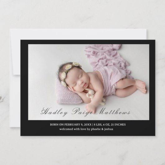 Minimal Elegant Script Baby Girl Arrival Card 案内状 (正面)