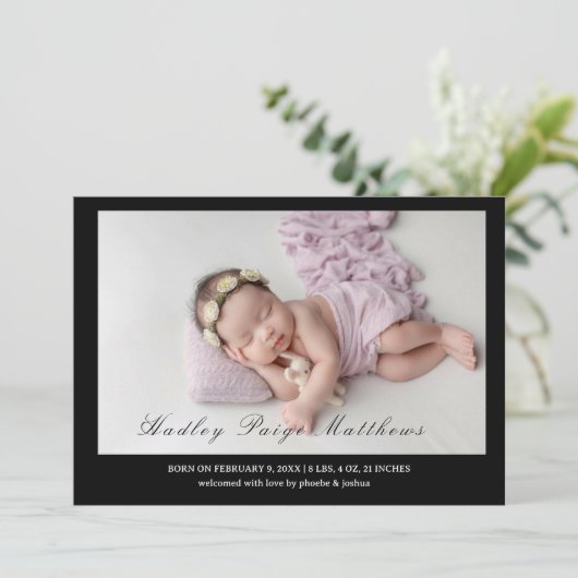 Minimal Elegant Script Baby Girl Arrival Card 案内状 (スタンド正面)