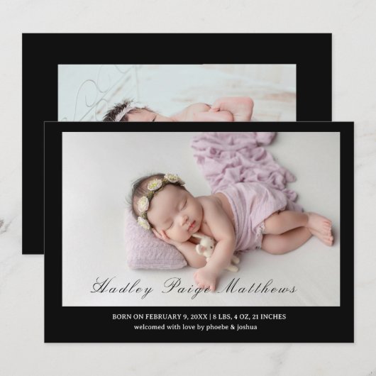 Minimal Elegant Script Baby Girl Arrival Card 案内状 (正面/裏面)