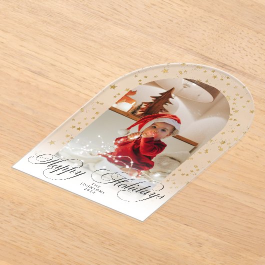 Minimal Elegant Script Christmas Card Arch Photo アクリル招待状 (レイダウン)