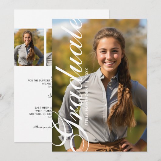Minimal Elegant Script Photo Graduation 案内状 (正面/裏面)