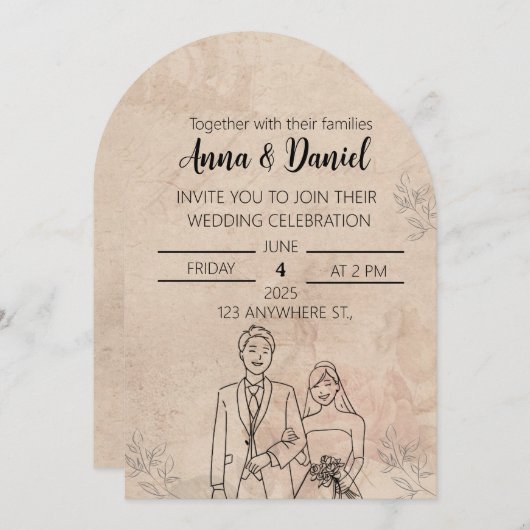 Minimal Elegant Wedding Invitation with Line Art C 招待状 (正面/裏面)