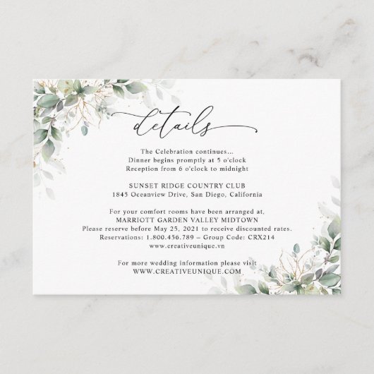 Minimal Eucalyptus Wedding Details Card エンクロージャーカード (正面)