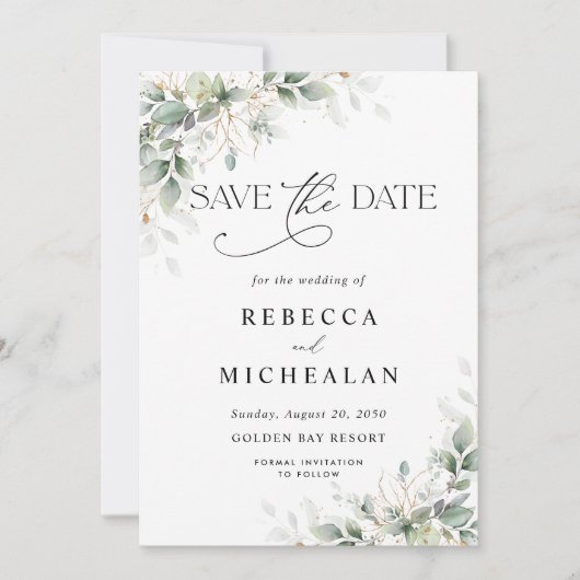 Minimal Eucalyptus Wedding Save The Date 招待状 (正面)