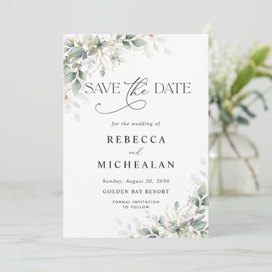 Minimal Eucalyptus Wedding Save The Date 招待状 (スタンド正面)