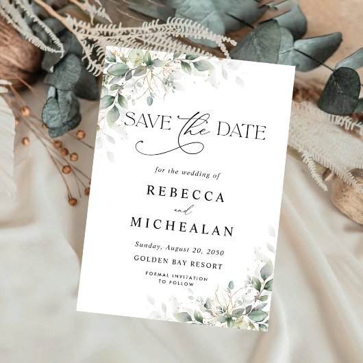 Minimal Eucalyptus Wedding Save The Date 招待状