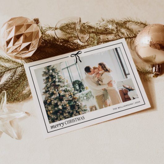 Minimal Family Photo Christmas Card with Bow シーズンカード