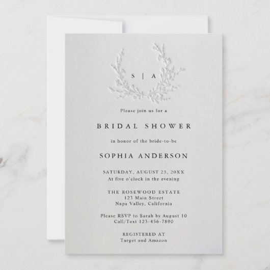 Minimal Faux Blind Deboss Cotton Bridal Shower 招待状 (正面)