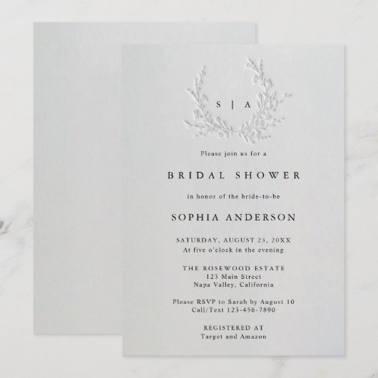 Minimal Faux Blind Deboss Cotton Bridal Shower 招待状 (正面/裏面)