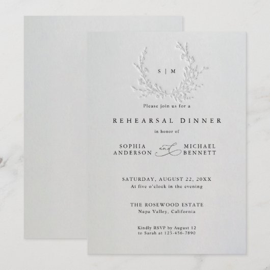 Minimal Faux Blind Deboss Cotton  Rehearsal Dinner 招待状 (正面/裏面)
