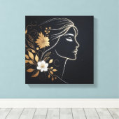 Minimal Feminine Line Art with Golden Flowers キャンバスプリント (インサイチュ (ウッドフロア))