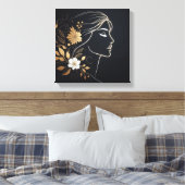Minimal Feminine Line Art with Golden Flowers キャンバスプリント (インサイチュ (寝室))