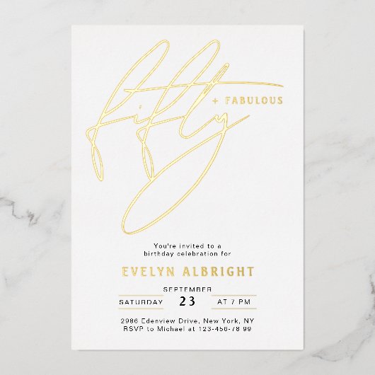 Minimal Fifty and Fabulous 50 Birthday Party Gold 箔招待状 (正面)