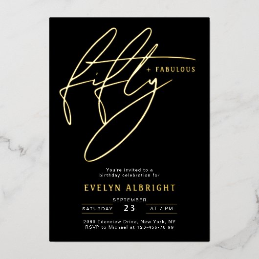 Minimal Fifty and Fabulous 50 Birthday Party Gold 箔招待状 (正面)
