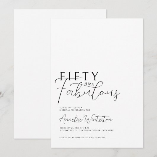 Minimal Fifty and Fabulous 50th Birthday 招待状 (正面/裏面)