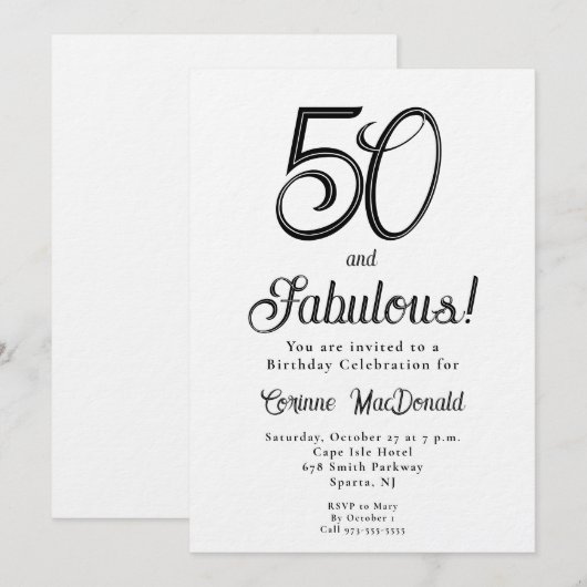 Minimal Fifty and Fabulous 50th Birthday Party 招待状 (正面/裏面)