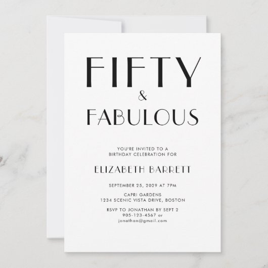 Minimal Fifty and Fabulous 50th Birthday Party 招待状 (正面)