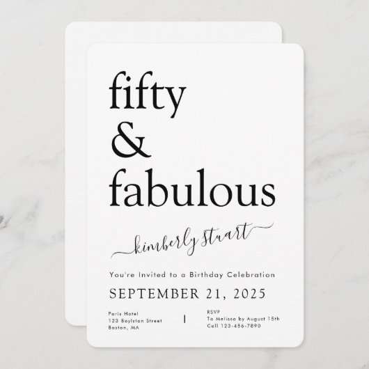 Minimal Fifty and Fabulous 50th Birthday Party  招待状 (正面/裏面)