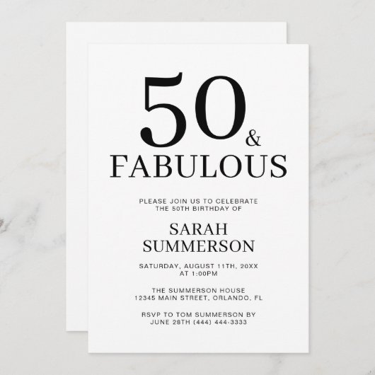 Minimal Fifty and Fabulous 50th Birthday Party 招待状 (正面/裏面)