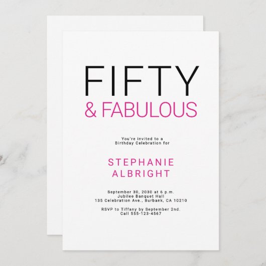 Minimal Fifty and Fabulous 50th Birthday Party 招待状 (正面/裏面)