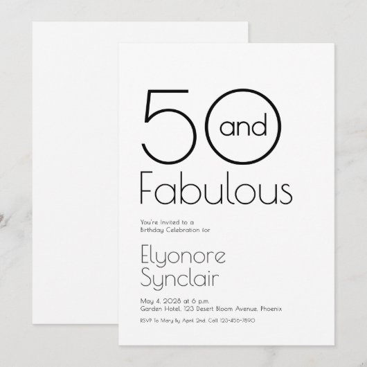 Minimal Fifty and Fabulous 50th Birthday Party 招待状 (正面/裏面)