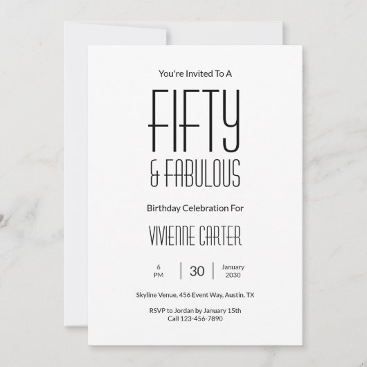 Minimal Fifty and Fabulous 50th Birthday Party 招待状 (正面)