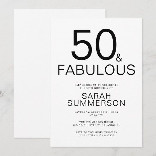 Minimal Fifty and Fabulous 50th Birthday Party 招待状 (正面/裏面)