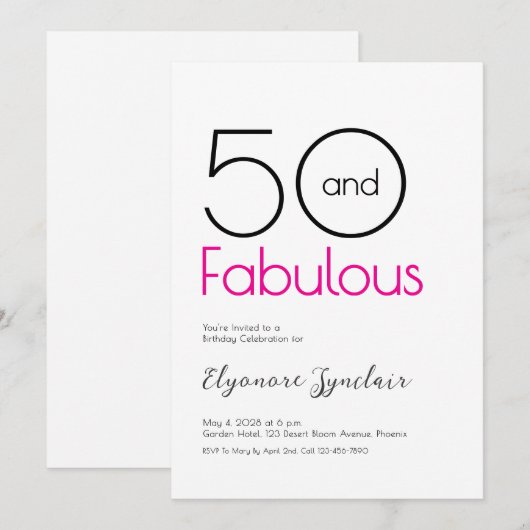 Minimal Fifty and Fabulous 50th Birthday Party 招待状 (正面/裏面)