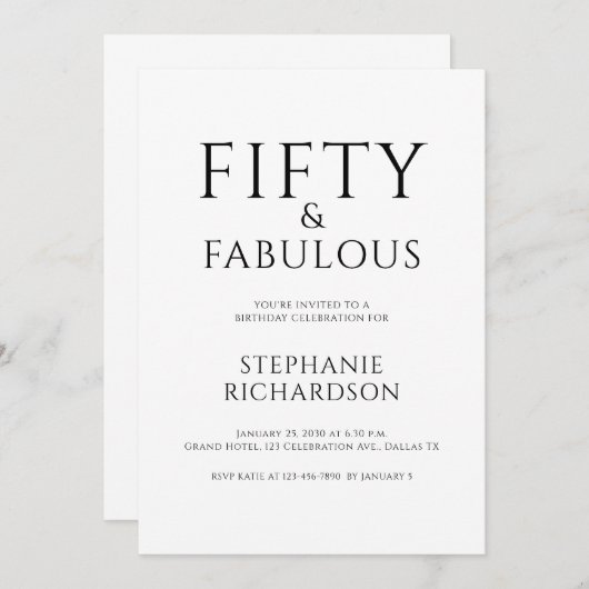 Minimal Fifty and Fabulous 50th Birthday Party  招待状 (正面/裏面)