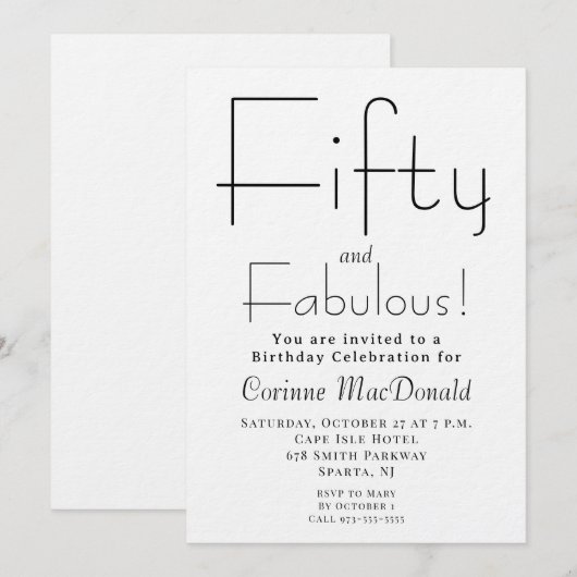 Minimal Fifty and Fabulous 50th Birthday Party 招待状 (正面/裏面)