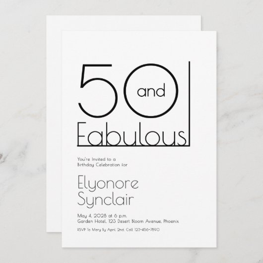 Minimal Fifty and Fabulous 50th Birthday Party 招待状 (正面/裏面)