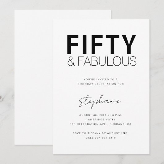 Minimal Fifty and Fabulous 50th Birthday Party 招待状 (正面/裏面)