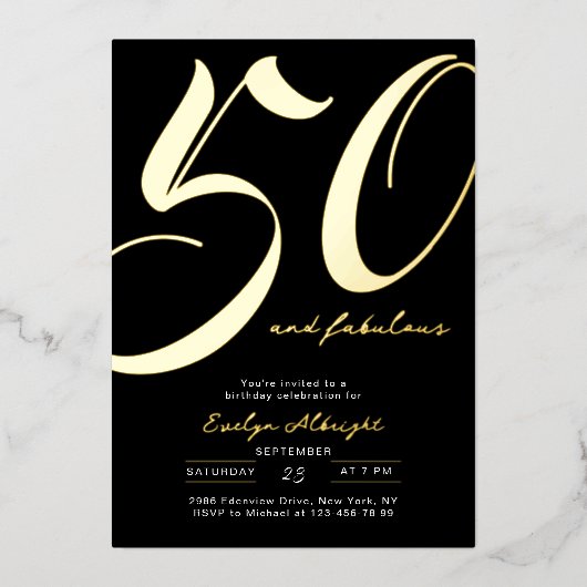 Minimal Fifty and Fabulous 50th Birthday Party 箔招待状 (正面)